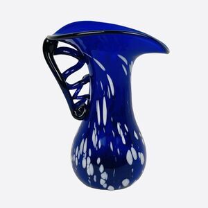 VTG Blue Speckled Blown Art Glass Pitcher White Splatter Swirl Applied Unique